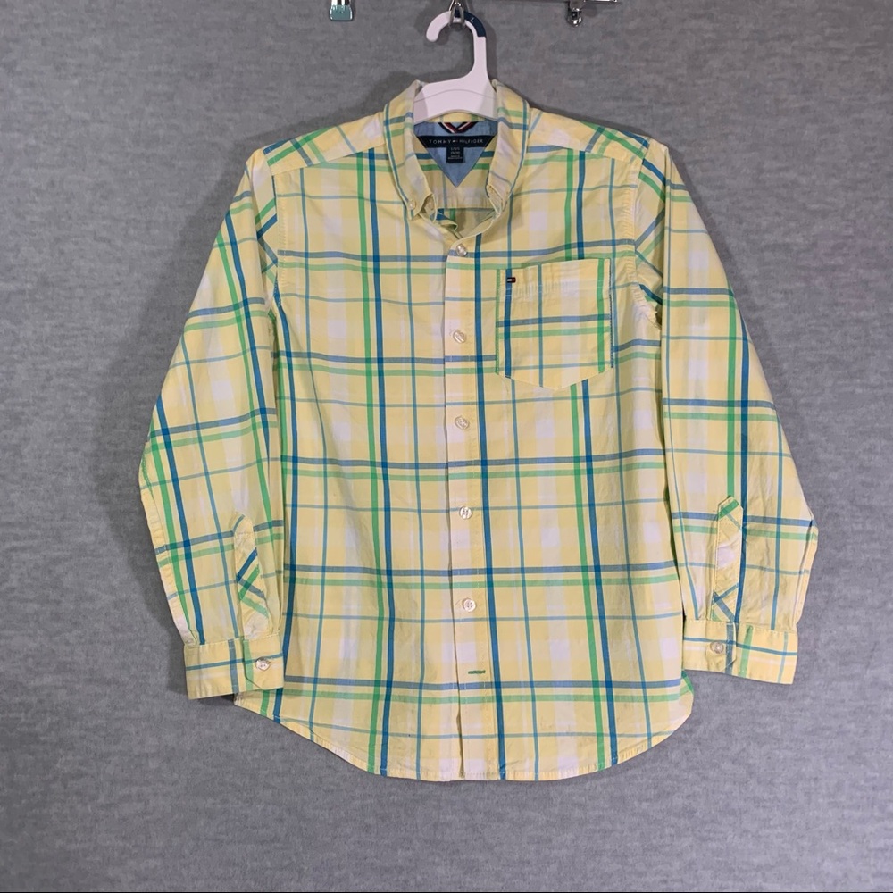 Tommy Hilfiger Youth Boys Long Sleeve Yellow/Stripe Dress Shirt SZ Large 16/18